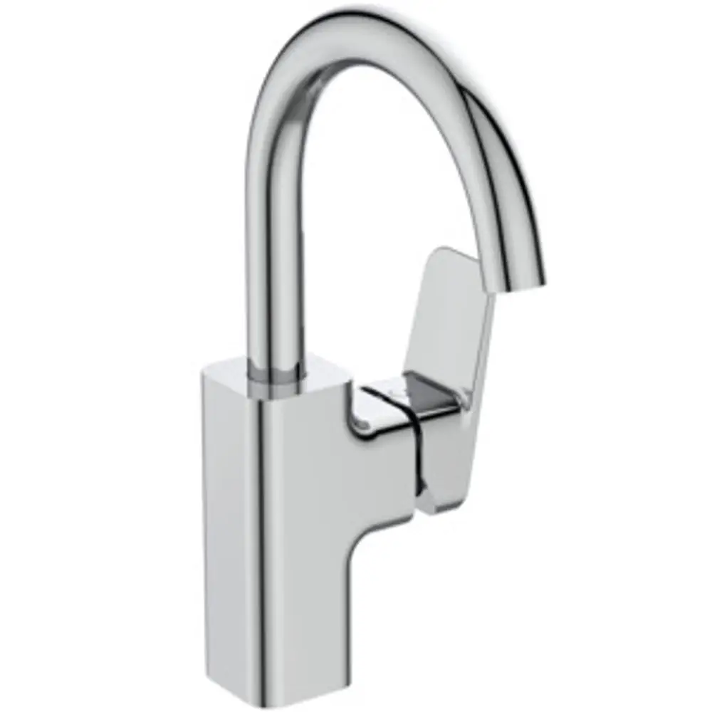 Waschtischarmatur von Ideal Standard mit gebogenem Auslauf und seitlichem Hebel, verchromte Oberfläche, geeignet für moderne Badezimmergestaltung.